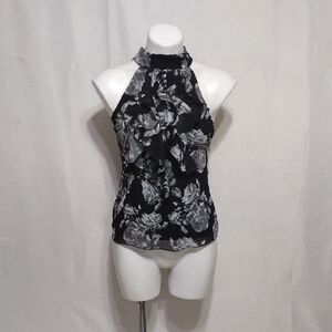 Iz Byer Black Gray Floral Halter Top Ruffle Keyhole Back XS Date Night Casual